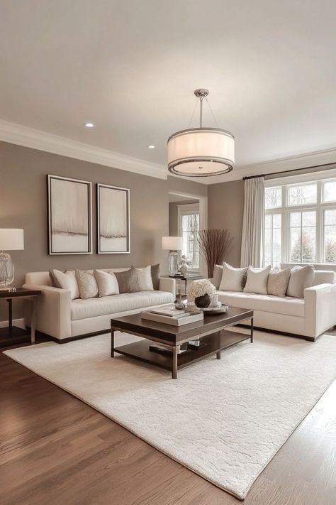 Create a calm and sophisticated living room with neutral tones. Mix soft beige, ivory, and gray for a serene and timeless look that’s perfect for relaxing. 🛋🌿✨ #NeutralLivingRoom #HomeDecor #ElegantSpaces #RelaxingVibes Dark Beige Living Room Ideas, Cozy Tan Living Room, Neutral Colours For Living Room, Light Wall Colors For Living Room Cozy, Monochromatic Neutral Living Room, Beige Walls Living Room Neutral Tones, Living Room Gray And Beige, Creme Living Room Decor, Neutral Living Room Colours