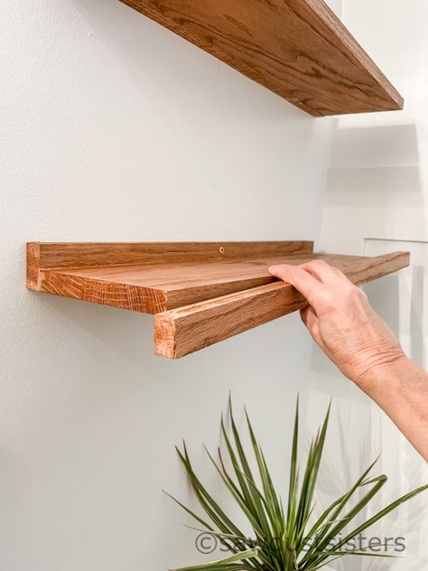 If you're looking for a quick and easy DIY bathroom shelf (or shelves!), these are easy to make and look great. I made two of these with only one 6-foot board. Scroll down for a quick tutorial and get busy! Simple Bathroom Shelf, Diy Bathroom Corner Shelves, Oak Shelf Bathroom, How To Make A Shelf Wood, Floating Shelves Small Bathroom, Diy Shelf Bathroom, How To Make Shelves Diy Simple, Diy Floating Bathroom Shelves, Towel Shelf Ideas