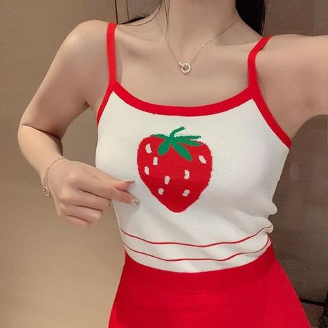 Strawberry Clothing, Strawberry Outfit, Kawaii Strawberry, Slim Vest, Vest Tops, Strap Crop Top, Strawberry Print, Fruit Print, Casual Tank Tops