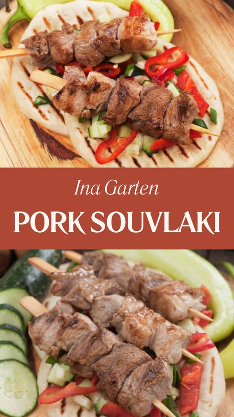 Ina Garten Pork Souvlaki Pork Cubes, Pork Souvlaki, Ina Garten Recipes, Skewers Grill, Tenderloin Recipes, Tzatziki Sauce, Pita Bread, Pork Tenderloin, 4 Hours