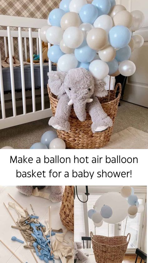 Make a Baby Shower Hot Air Balloon - traditionallycozy.com Hot Air Balloon Baby Shower Cake, Baby Shower Hot Air Balloon, Elephant Baby Shower Theme Boy, Balloon Baby Shower Centerpieces, Diy Hot Air Balloons, Teddy Bear Baby Shower Invitations, Elephant Baby Shower Decorations, Elephant Baby Shower Boy