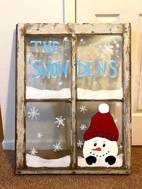 Winter snowman window painting with family last name. Snowman Window Painting, Christmas Window Painting, Winter Window, Winter Snowman, Old Windows, Christmas Window, Window Art, Window Painting, Preschool Classroom