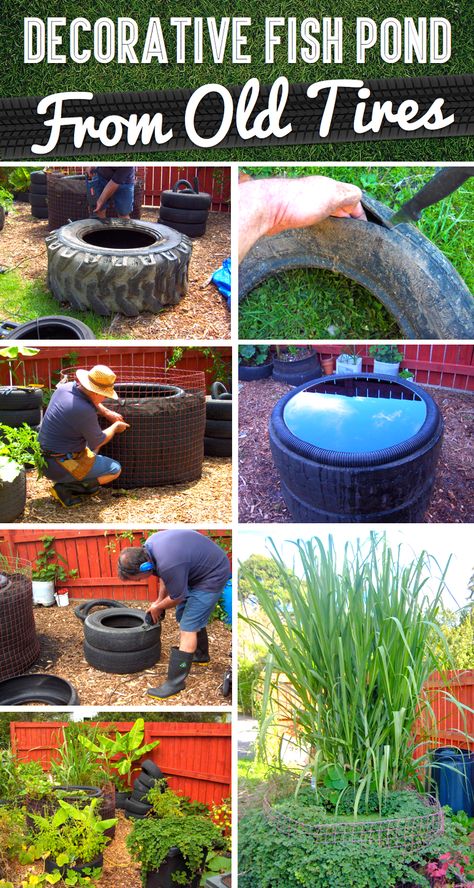 How to Make a Decorative Fish Pond From Old Tires  #diy #backyard #outdoor #garden #tire #fishpond Como Plantar Pitaya, Patio Layout Design, Reuse Old Tires, Patio Layout, Diy Pond, Cute Diy Projects, Pond Water Features, Old Tires, Backyard Water Feature