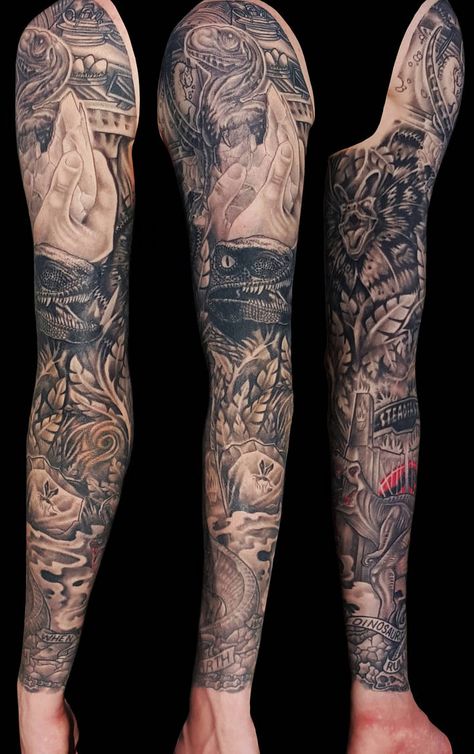 Jurassic Park Sleeve by BallBots on DeviantArt Jp Tattoo, Jurassic Park Tattoo, Marshall Arts, Octopus Tattoo Sleeve, Half Sleeve Tattoos, Octopus Tattoos, Dinosaur Tattoos, Cool Arm Tattoos, Theme Tattoo