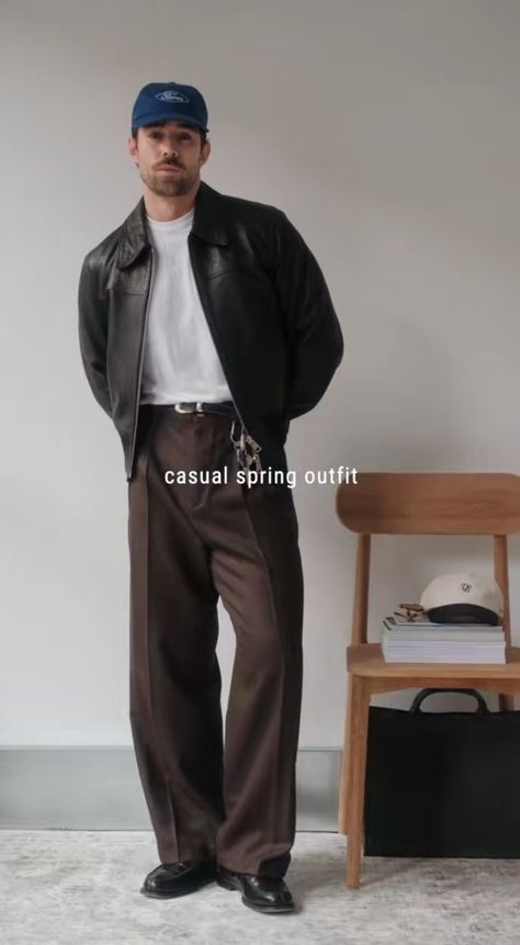 Proportions Outfit Men, Black Jackets Men, Mens White Pants Outfit, Cool Mens Fashion, Black Outfits Men, Men Jacket Outfit, Male Model Fashion, Men Fall Fashion, Brown Pants Men