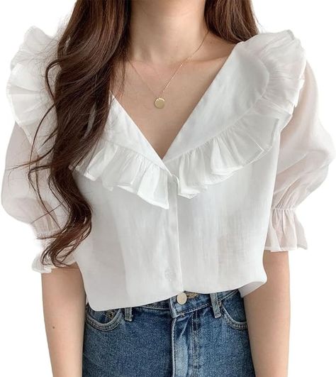 Korean Style Summer Shirts Women's Sweet Top V-Neck Ruffle Puff Sleeve Shirts Women(S,White) at Amazon Women’s Clothing store Blouse Korean Style, Chiffon Fashion, Ruffles Fashion, Loose Pullover, Linen Pants Women, Puff Sleeve Blouse, Overalls Women, Denim Shorts Women, Chiffon Shirt