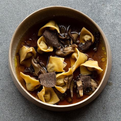 Tortellini en Brodo | Duxelle, Ricotta, Roasted Maitake, Mushroom Consommé & Black Truffle Course Ideas, Maitake Mushroom, Black Truffle, Tortellini, Food Presentation, Food Plating, Fine Dining, Ricotta, Truffles