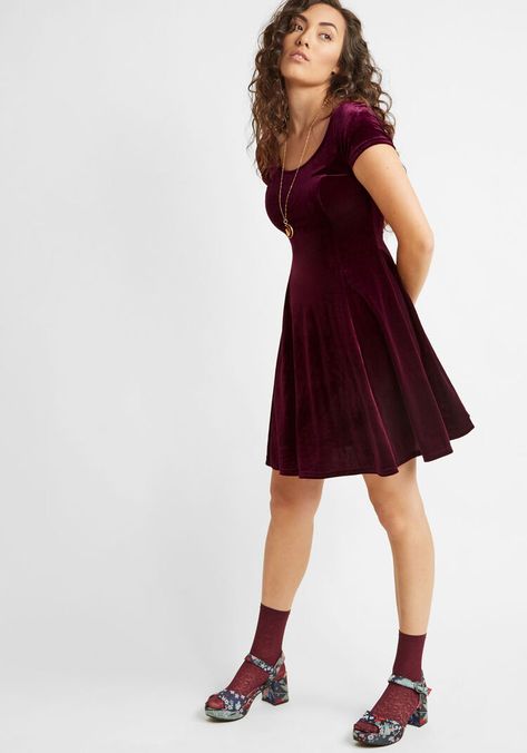 Velvet Vibes Skater Dress in Burgundy Burgundy | ModCloth Velvet Trend, Velvet Skater Dress, Form Fitting Clothes, Plus Size Vintage Dresses, Autumn Clothes, Outfit Look, Fall Favorites, Unique Dresses, Fall 2017