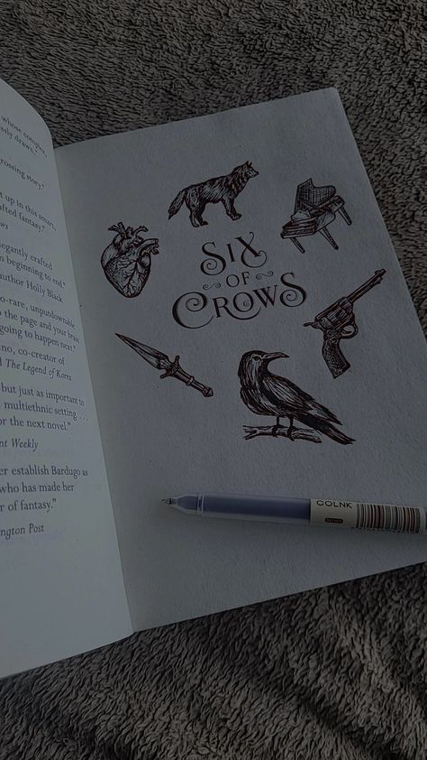 Art related to each of the six characters in six of crows done on the title page of the book. Crows Drawing, Six Of Crows Characters, Crow Books, Crooked Kingdom, The Grisha Trilogy, Book Annotation, Book Drawing, Six Of Crows, Reading Journal