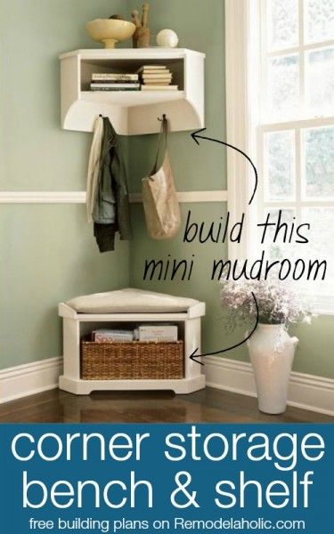 Build a Mini Mudroom Corner Bench and Shelf with Storage @Remodelaholic Mudroom Corner, Mini Mudroom, Corner Bench With Storage, Shelf With Storage, Diy Corner Shelf, Bench Mudroom, Corner Bench, Bench Ideas, Corner Storage