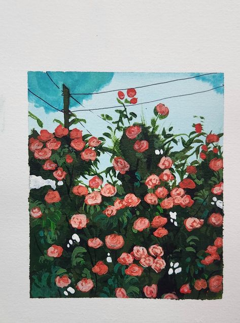 Roses painting, plant painting, Gouache Aesthetic Rose Painting Acrylic, Rose Garden Painting Easy, Field Of Roses Painting, Rose Garden Painting Acrylic, Rose Gouache, Rose Bush Painting, Gouache Rose, Red Rose Tattoo Design, Rose Flowers Drawing