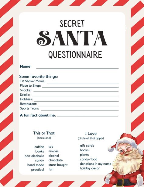 "A fun Secret Santa Questionnaire that is an instant download and can be printed at home or a print shop. PLEASE NOTE:  *This is a digital download that will be emailed to your Esty account.   *You will NOT receive any physical print/product. *Your Instant Download will include a JPG and PDF format that you can print at home. *Please note, this is not an editable product. We will not be not be customizing it, modifying it, printing it or shipping it to you - it is a printable and fill in the blank. *Colours may vary dependent on your screen display and the colour settings on your printer. *No refunds can be issued for instant download listings.  *Do not print from your phone or tablet as it may distort the quality of the image.  Please let me know if you need another size or have a questio Questions For Secret Santa, Secret Santa Questionnaire Simple, Christmas Gift Questionnaire, Esty Shop.com, Work Secret Santa Questions, Secret Santa Paper To Fill Out, Free Printable Secret Santa Wish List, Secret Santa Questions, Secret Santa Survey