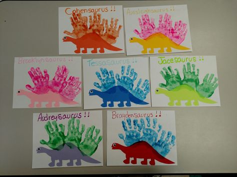 Handprint name - a -saurus Dinosaur Crafts Preschool, Dinosaur Activities Preschool, Orange Room, Dinosaurs Preschool, Baby Art Projects, Nursery Activities, Toddler Arts And Crafts, Dinosaur Activities, Dinosaur Crafts