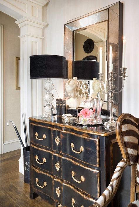 Joy Tribout - Chic French foyer with beveled mirror, vintage black French chest, vintage ... Black Painted Furniture, Redo Furniture, Furniture Inspiration, Refinishing Furniture, My New Room, Beautiful Decor, Design Interior, House Decor, Painted Furniture