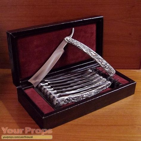 Screen Prop: Sweeney Todd razors . Tim Burton Party, Gentleman's Cut, Crow Tattoo Design, Master Barber, Barber Razor, Best Barber, Fleet Street, Sweeney Todd, Wet Shaving