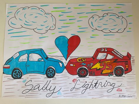 #lightning #lightningmcqueen #mcqueen #cars #red #blue #heart Lightning Mcqueen And Sally Drawing, Mcqueen And Sally Drawing, Mcqueen And Sally, Pixar Cars Birthday, Mcqueen Cars, Lighting Mcqueen, Disney Ships, Canvas Drawing, Latina Fashion