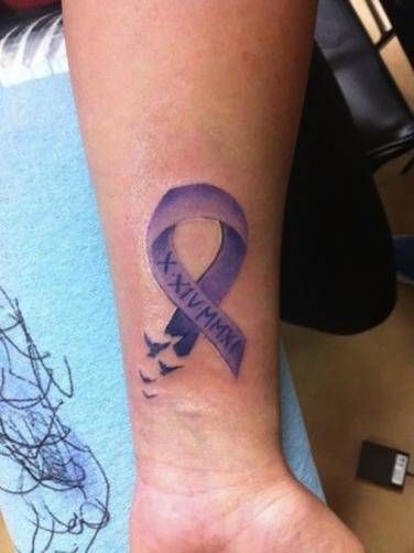 25 Best Meaningful Tattoos And Memorial Tattoos In Remembrance Of A Loved One Purple Ribbon Tattoos, Alzheimers Tattoo, Small Wave Tattoo, Survivor Tattoo, Awareness Tattoo, Remembrance Tattoos, Quote Tattoo, Ribbon Tattoos, Memorial Tattoos