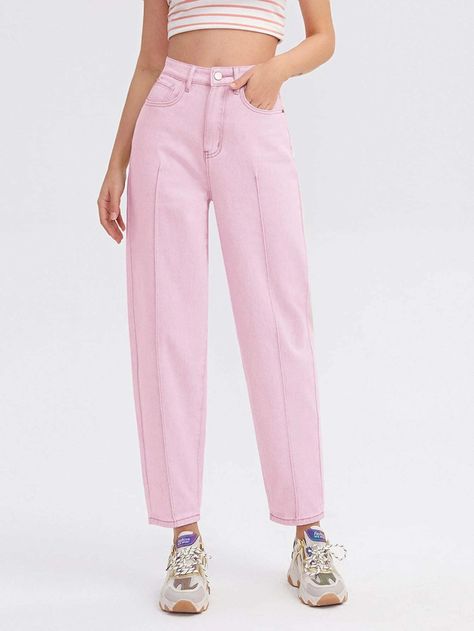 Slant Pocket Mom Jeans | SHEIN USA Pink Mom Jeans, High Waist Pink Relaxed Fit Jeans, Pink High-waisted Jeans With Pockets, Pink High-waist Cargo Jeans With Pockets, Non-stretch High Waist Pink Jeans, Light Pink Jeans, Pink Jeans, Lingerie Sleepwear, Shein Style