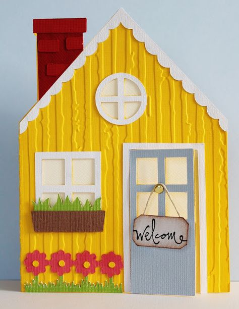 House shaped card House Cards Handmade, Welcome Card Ideas, New House Cards Handmade, Welcome Card Design, Welcome Home Cards, Welcome Cards, Card House, House Cards, Housewarming Card