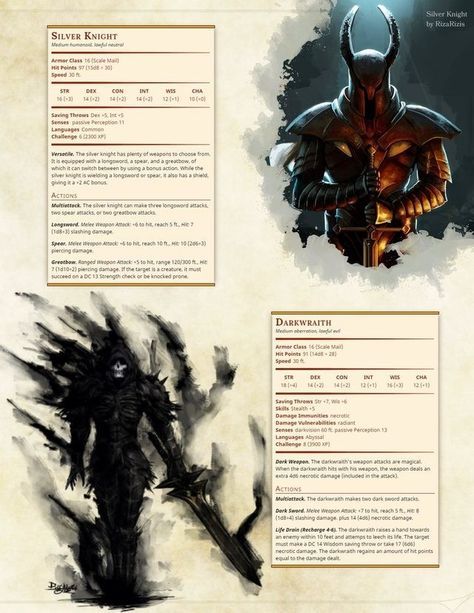 5e stats for the Dark Souls Silver Knight and Darkwraith, by Braggadouchio on imgur Dnd Stats, Silver Knight, Dnd Races, Dungeons And Dragons 5e, Rpg Ideas, Campaign Ideas, Dungeons And Dragons Classes, Dnd 5e Homebrew, Dnd Dragons