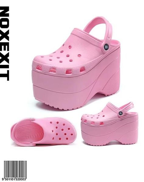 Cursed Shoes, Crocs Aesthetics, Pink Platform Crocs, Crocs Meme, Platform Clogs Outfit, High Heel Crocs, Heel Crocs, Croc Platforms, Crocs Store