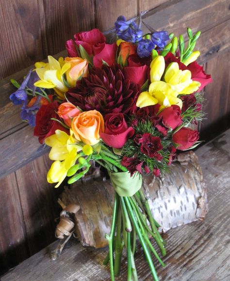 yellow, burgundy, red, blue and orange bridesmaid's bouquet Bridal Bouquet Burgundy, Wedding Wagon, Fall Bridal Bouquet, Fall Wedding Gowns, Bouquet Burgundy, Beautiful Fall Wedding, Bouquet Images, Orange Bridesmaid, Orange Bouquets