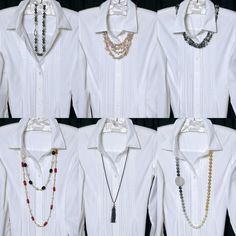 White Shirt With Pearls, Necklace For Button Down Shirt, Shirt Accessories Women, White Shirt Necklace, How To Style White Blouse, How To Style A White Shirt, White Shirt Accessories, White Blouse Outfit, Mode Ab 50