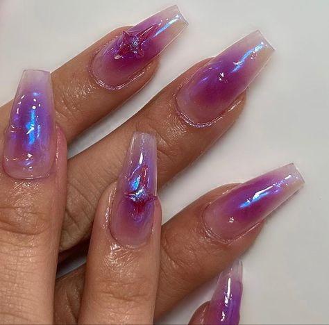 Magenta Aura, Purple Chrome Nails, Acrylic Nail Designs Coffin, 3d Stars, Airbrush Nails, Claw Nails, Purple Nail, Almond Acrylic Nails, Jelly Nails