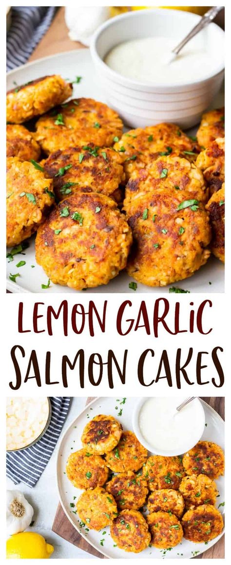 Lemon Garlic Salmon Cakes - these tasty Lemon Garlic Salmon Cakes are an easy-to-make recipe that is full of so much delicious garlicky, lemony flavor. These patties can be enjoyed as an appetizer or the main dish. They taste amazing with a side of Lemon Garlic Aioli. | #salmon #salmoncakes #salmonpatties #appetizers #salmonrecipes Lemon Garlic Aioli, Side Dishes For Salmon, Salmon Cakes Recipe, Lemon Garlic Salmon, Alaska Salmon, Salmon Patties Recipe, Delicious Seafood Recipes, Garlic Salmon, Best Seafood Recipes