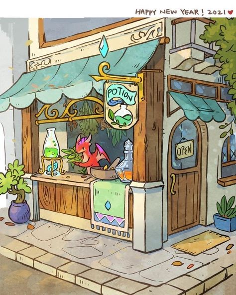 Potion Shop, Isometric Art, Arte Sketchbook, Fantasy Art Landscapes, 판타지 아트, Art And Illustration, Environment Concept Art, Environmental Art, Dragon Art