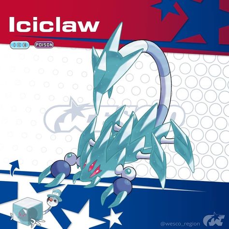 Wesco Region on Instagram: “WESCO DEX No.??? Name: Iciclaw ( Icicle + Claw) Classification: Frostcrawler Pokemon Type: Ice / Poison Abilities: Ice Body/Intimidate…” Ice Fakemon, Ice Type Pokemon, Paradox Fakemon, Fantasy Pokemon, Fakemon Ice Type, Ice Pokemon, Water Type Fakemon, Mohavo Region Fakemon, Fakemon Regional Forms