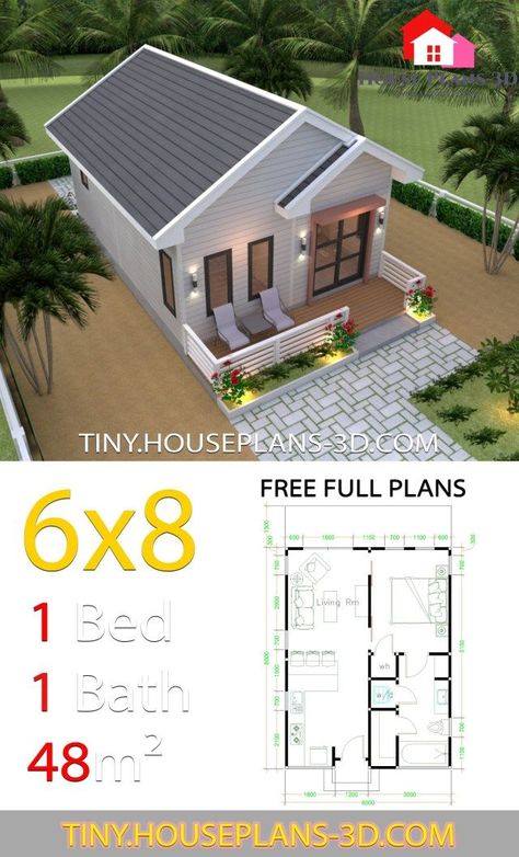 Studio House Plans 6x8 Gable Roof - Tiny House Plans Gable House Plans, Hip Roof House, Hip Roof House Plans, Studio House Plans, Hip Roof Design, Gable Roof House, One Bedroom House Plans, One Bedroom House, Studio House