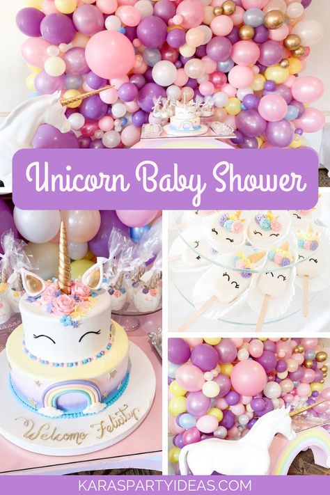 Unicorn Bridal Shower Theme, Balloon Wall Backdrop, Unicorn Baby Shower Theme, Moldes Para Baby Shower, Rainbow Table, Girl Shower Themes, Pastel Balloons, Unicorn Baby Shower