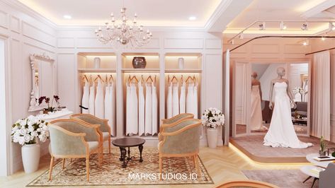 Ernade Boutique Interior on Behance Vintage Modern Bedroom, Bridal Shop Interior, Bridal Shop Decor, Bridal Boutique Interior, Atelier Interior, Bridal Showroom, Polygon Art, Showroom Interior Design, Boutique Interior Design