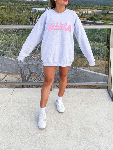 oversized grey crewneck sweatshirt that says "MAMA" on it in pink for girl moms that are in their mom era Momma Sweatshirt, Maternity Sweatshirt, Mama Bear Sweatshirt, Maternity Hoodie, Mama Crewneck, Sweatshirt Girl, Mama Sweater, Bear Sweatshirt, Crewneck Sweatshirt Women