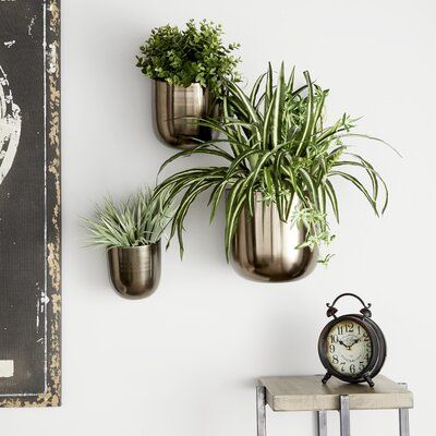 Mercer41 Add modern and contemporary style to your space with this set of 3 opaque hanging planters, equipped with secure hanging hardware to mount to your wall. Solid iron construction means lightweight, durable, and safe from the elements when placed outside. Deep, round planter bodies will beautifully display an array of plants and your hanging and display options are endless to let your vines flow freely along your wall. Neutral yet bold finishes juxtapose the greenery and will complement an Wall Planters Outdoor, Metal Wall Planters, Wall Planters Indoor, Contemporary Planters, Wall Planters, Hanger Stand, Nails And Screws, Metal Planters, Decorative Planters