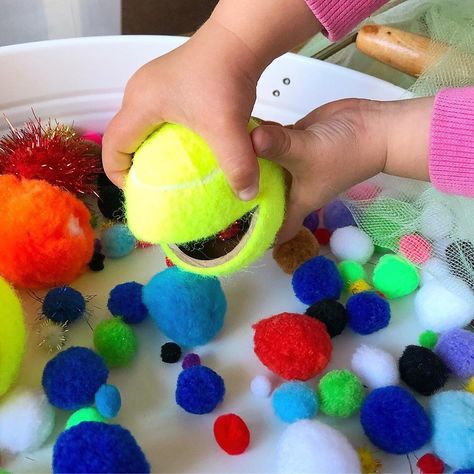 Little Wooden Toybox on Instagram: “Ever played Hungry Hippos? How about Hungry Tennis Balls?! . Cut a line into a tennis ball 🎾 and squeeze to make a hungry mouth... then…” Sport Themed Crafts, Preschool Fine Motor Activities, Early Childhood Learning, Preschool Fine Motor, Busy Boxes, Fine Motor Skills Activities, Creative Curriculum, Toddler Play, Craft Club