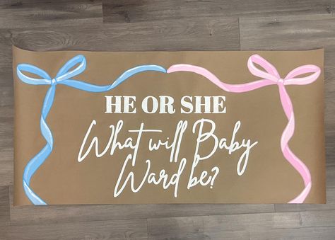 The cutest gender reveal banners!! 🎀🩵 Bows Or Arrows Gender Reveal Decorations, Gender Reveal Banner Ideas, March Gender Reveal Ideas, Boy Or Girl Sign, Painted Banner, Christmas Gender Reveal, Gender Reveal Signs, Gender Reveal Banner, Gender Reveal Ideas