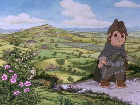 Frodo leaves the Shire. Gorgeous scenery! The Hobbit Cartoon, The Hobbit 1977, The Misty Mountains Cold, Tolkien Art, Dragon Rpg, Gorgeous Scenery, The Shire, Magical Art, Animated Drawings