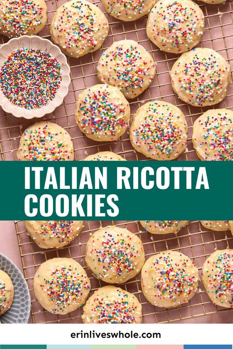 Enjoy dessert a bit differently with this decadent Italian Ricotta Cookie Recipe. You read that right — ricotta cookies! These sweet treats combine whole milk ricotta with lemon zest to make a delicious, slightly tangy cookie. Ricotta Cookies With Lemon Glaze, Keto Ricotta Cookies, Ricotta Italian Cookies, Ricotta Sweet Recipes, Ricotta Lemon Cookies, Italian Ricotta Cookies Recipe, Ricotta Cookie Recipes, Riccota Cookies Italian, Ricotta Doughnuts Recipe