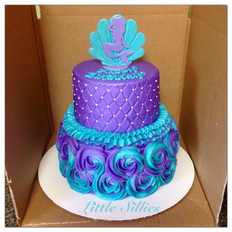 Purple and teal rosettes, quilting and ruffles. Seashell and mermaid topper. Mermaid Birthday Cakes, Ariel Birthday, Mermaid Baby Showers, Mermaid Parties, Little Mermaid Birthday, Mermaid Theme Birthday, Mermaid Cakes, Shower Cupcakes, Baby Mermaid