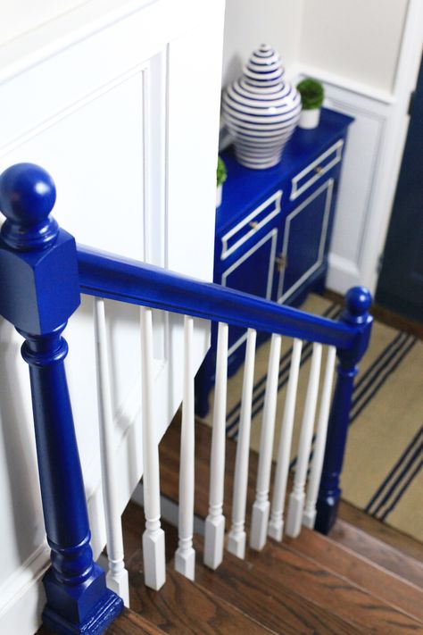 Navy Lacquer Bannister Navy Banister, Navy Blue Stair Railing, Blue Banisters Vinyl, Blue Painted Stairs With Runner, Blue Stair Bannister, Split Level Entryway, Lacquer Paint, Split Level, Ace Hardware