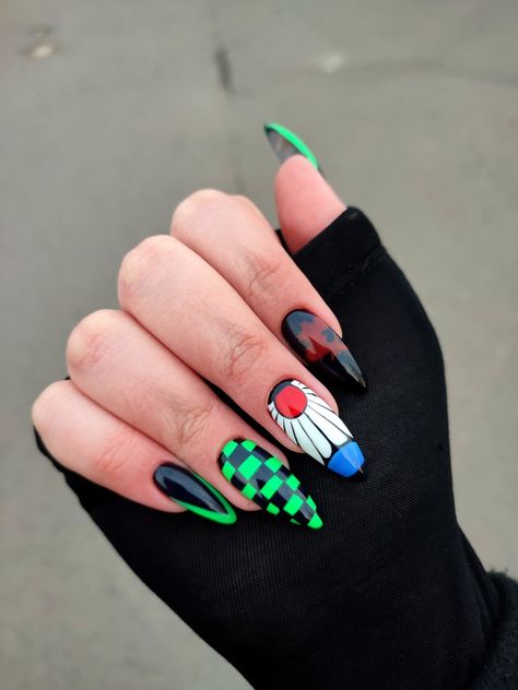 Nail Designs Demon Slayer, Demon Slayer Acrylic Nails, Manga Nail Art, Inosuke Nails, Tanjiro Nails, Demon Slayer Inspired Nails, Uñas Demon Slayer, One Piece Nails Anime, Men Nail Designs