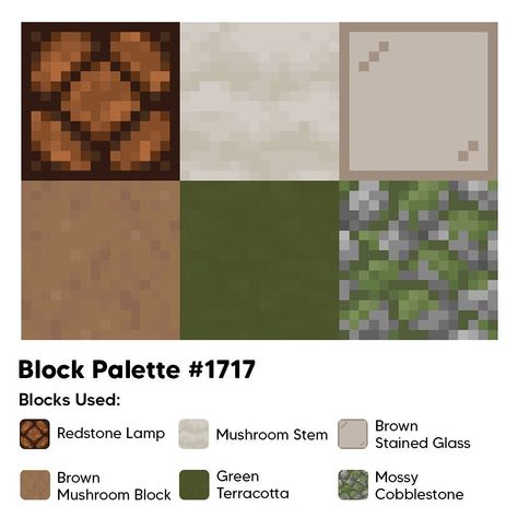 Block Palettes on Instagram: “Palette 1717 Find more Minecraft block palettes on our website! #minecraft #minecraftbuilds #minecrafthouses #minecraftideas…” Minecraft Spruce Color Palette, Minecraft Journal Ideas, Minecraft Spruce Palette, Minecraft Building Palletes, Minecraft Redstone Lamp, Minecraft Color Palette, Minecraft Palettes, Minecraft Palette, Minecraft Pallets