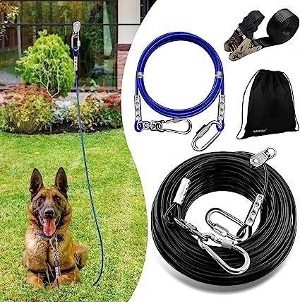 Dog Tie Out Cable, Dog Aerial Run Zip Line for Large Dogs up to 300lbs, 50FT/100FT Heavy Duty Dog Runner for Yard, Camping, Outdoor, with 15 Ft Dog Running Lead, Rope Sling Device (Black, 100 FT) (paid link) Dog Zip Line, Dog Runner, Diy Dog Run, Yard Camping, Dog Trolley, Outside Dogs, Dog Running, Dog Tie, Zip Line