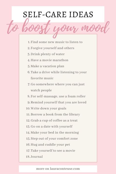 a pin for a blog post that talks about Self-Care Ideas to Boost Your Mood Self Care Aesthetic, Feel Good About Yourself, Self Esteem Activities, Self Care Ideas, Personal Growth Motivation, Self Care Bullet Journal, Self Massage, Mental Health Day, Boost Your Mood