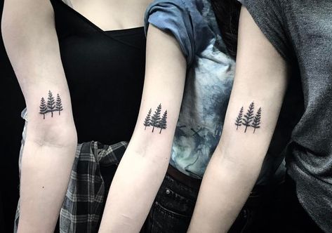 Matching trees tattoos by Alex Szkotti for three best friends Group Of Trees Tattoo, Friendship Tree Tattoo, Sibling Tattoos For 3 Trees, Sibling Tree Tattoos For 3, 3 Pine Tree Tattoo, Three Tree Tattoo, Three Trees Tattoo, Front Ankle Tattoos, Trees Tattoos