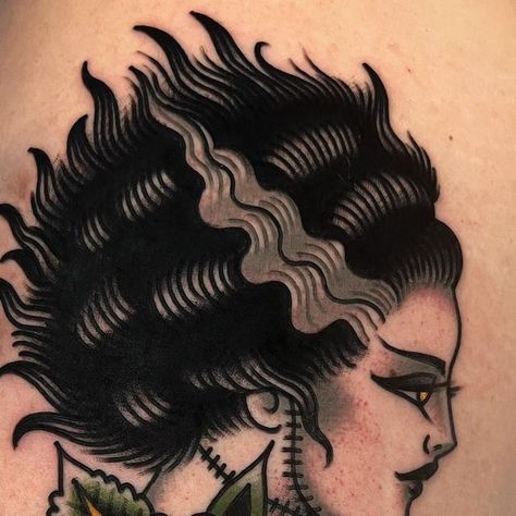 K y l e M a c K e n z i e on Instagram: "The bride #traditionaltattoo #traditionaltattoos #tattoo #tattoos #tattoosofinstagram #fyp #foryoupage #traditionalartist #tradworkerssubmission #skinart_traditional #frankenstein #thebrideoffrankenstein #itsalive #drfrankenstein" Frankenstein Heart Tattoo, American Traditional Bride Of Frankenstein Tattoo, Traditional Bride Of Frankenstein Tattoo, Frankensteins Bride Tattoo, American Traditional Frankenstein Tattoo, Frankenstein Traditional Tattoo, Bride Of Frankenstein Tattoo Traditional, Lisa Frankenstein Tattoo, Vampire Lady Tattoo