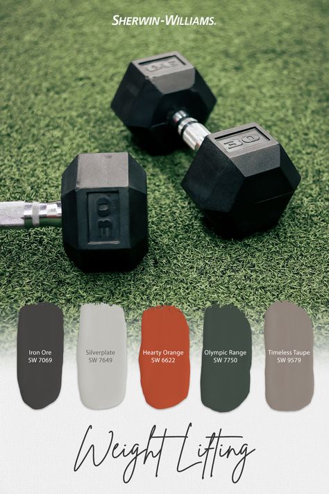 Home Gym Color Palette, Gym Room Paint Wall Colors, Home Gym Paint Colors Sherwin Williams, Basement Gym Paint Colors, Gym Color Palette, Home Gym Colors Paint, Home Gym Paint Colors, Warm Neutral Paint Colors, House Upgrades