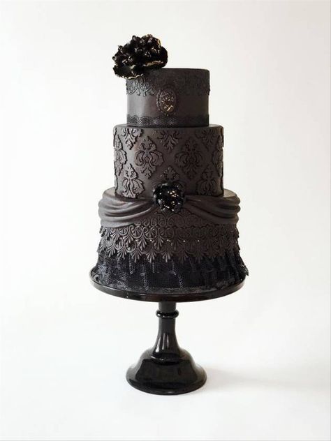 The 18 Best Black Wedding Cakes to Wow Your Guests - No Plain Jane desserts here. These unexpectedly stunning black wedding cake designs will take everyone by surprise in the best way. elegant, details, gothic {Celestial Cakery} Black Wedding Cake Ideas, Victorian Wedding Cakes, Goth Cakes, Gothic Wedding Cake, Victorian Cakes, Black Wedding Cake, Gothic Cake, Tier Cakes, Black Fondant